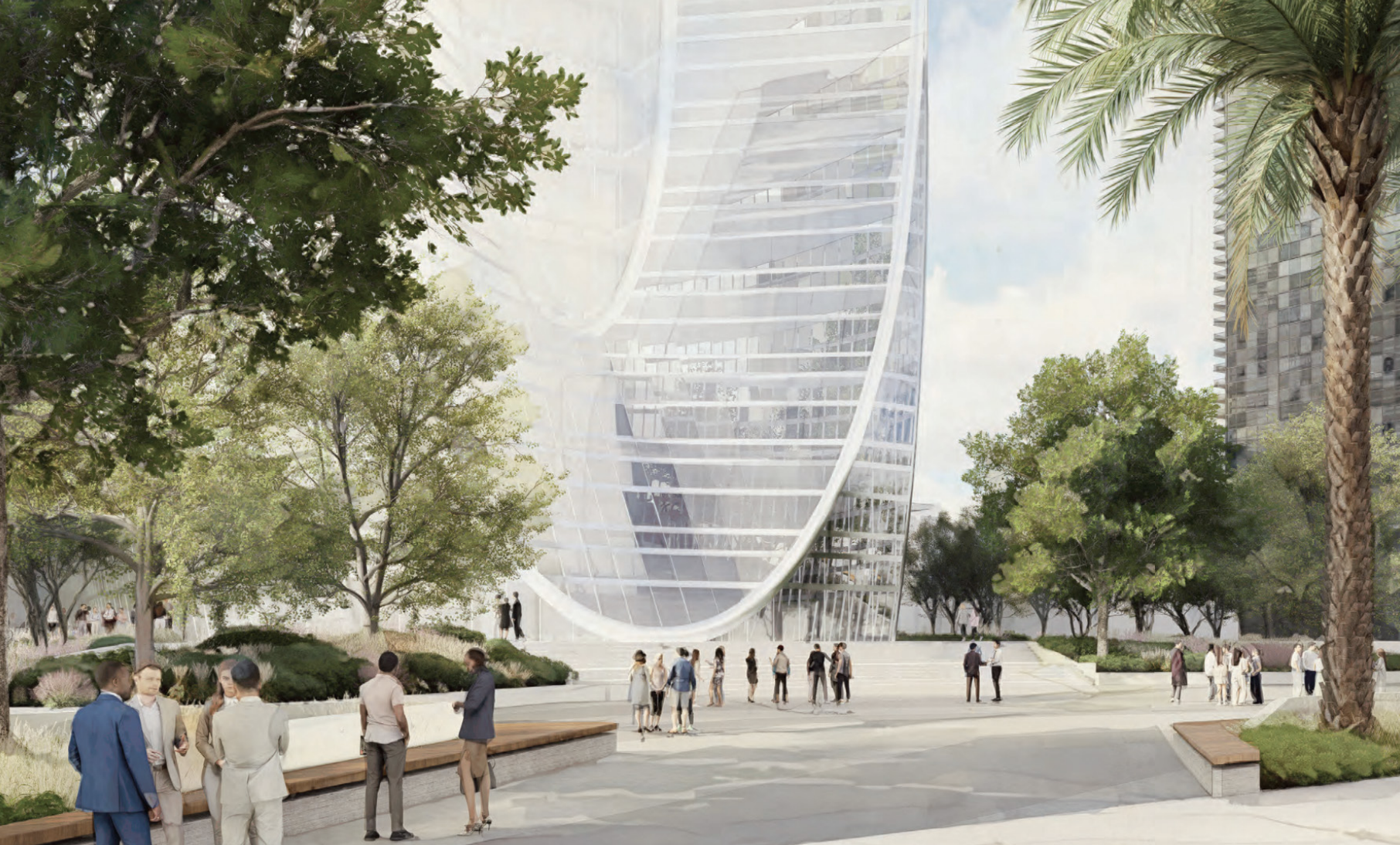 Curved façade with plaza and palms