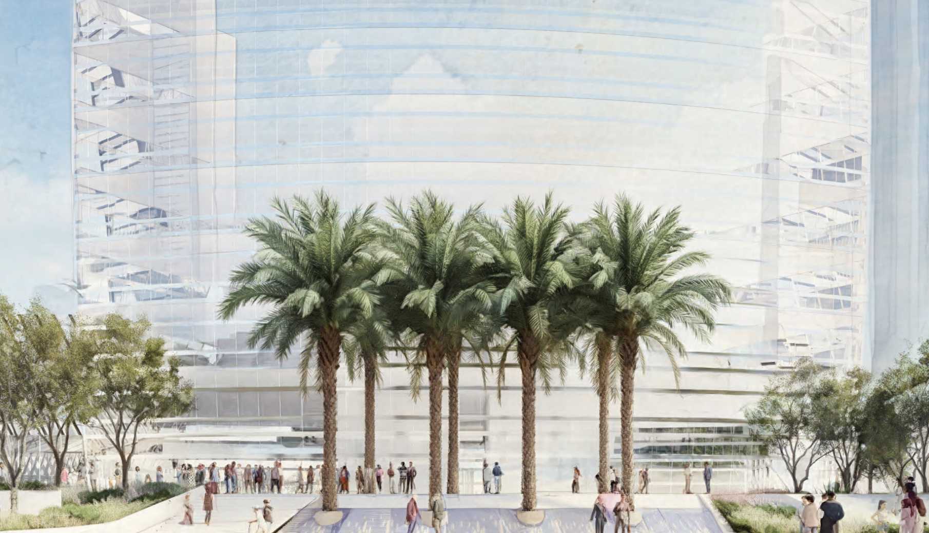 Façade behind a row of date palms