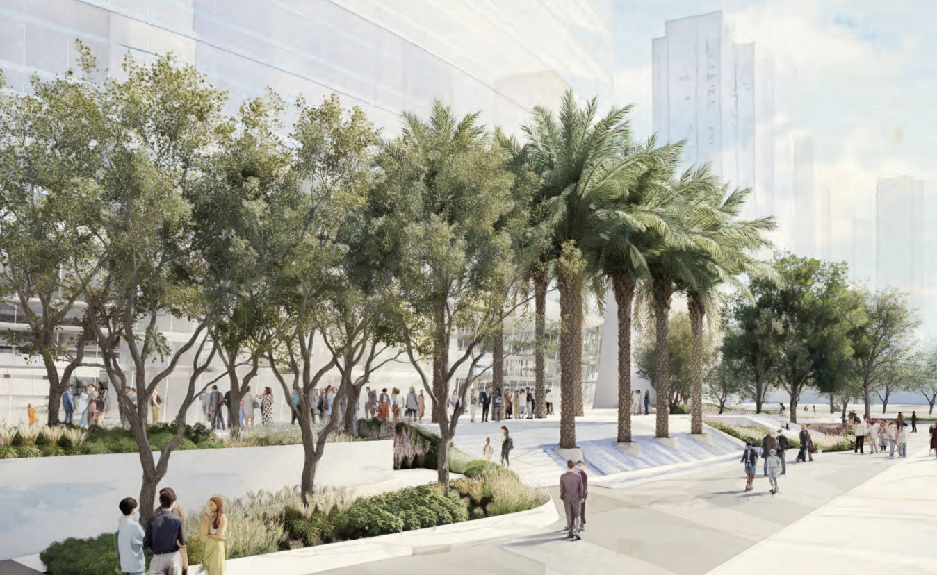Community plaza with date palms and crowds